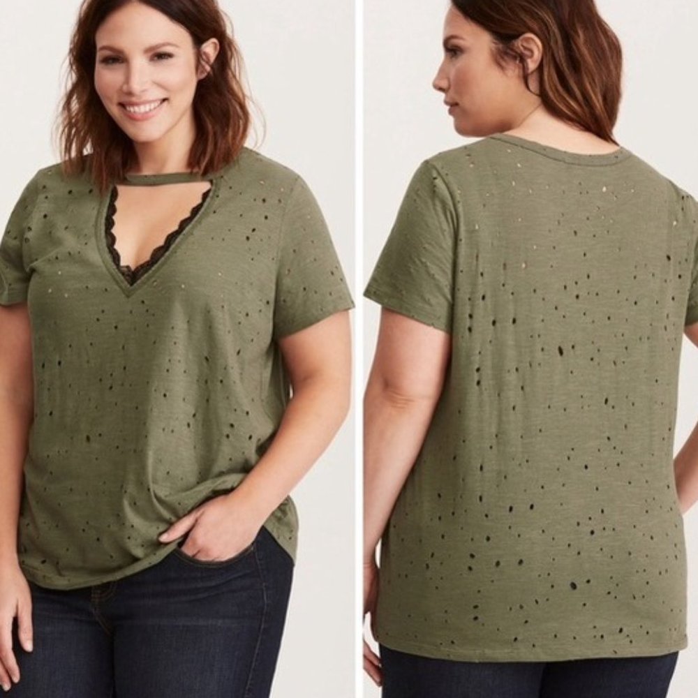Torrid Olive Green Destructed V-Neck T-Shirt